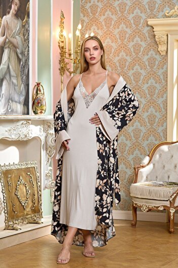 Cossy By Aqua Patterned Shawl Collar Long Dressing Gown Cossybyaqua 25196-3(44-46)