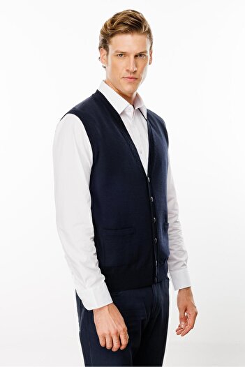 Desen Triko Men's Navy Blue Vest - Pocket Cut