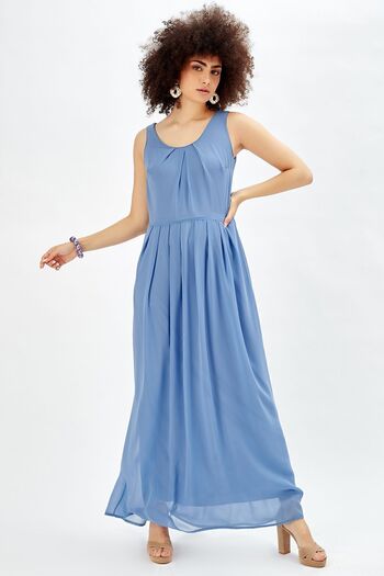 Sense Lined Pleated Chiffon Long Dress Dark Blue