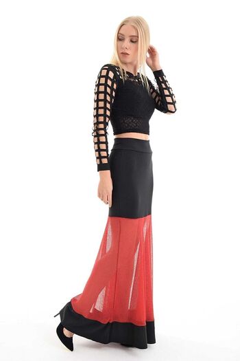 Sense Women's Red Tulle Garnished Flared Skirt Etk31912