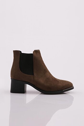 DGN Women's Blunt Toe Side Elastic Heeled Ankle Boots Khaki Suede 1642525