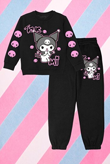 LePold Girl Oversize Sweatsihrt - Top and Bottom Black, Kurmi Printed Tracksuit Set