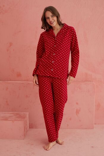 ELİTOL Red Fleece Pajama Set - Point Pattern and Buttoned Front