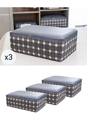 NACAREV 3 Adet Büyük Boy Gri Kare Desen Ekoseli Baza Altı Düzenleyici Hurç Seti 60x40x20 cm