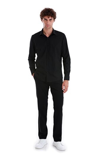 Hatemoğlu Black Slim Fit Plain Slim Collar Cotton Long Sleeve Sports Shirt