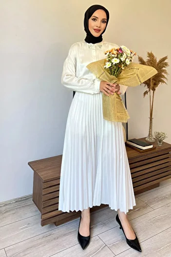 julude Pleated Hijab Skirt - White, Elastic Waist