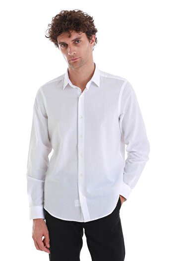 Hatemoğlu White Comfort Fit Plain 100% Cotton Slim Collar Long Sleeve Sports Shirt