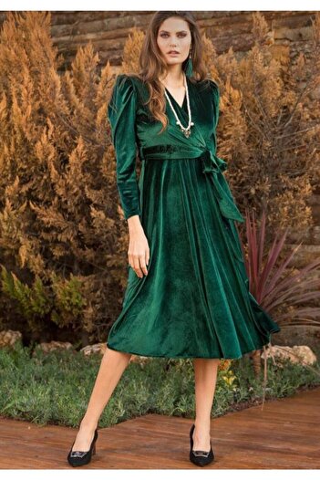 Bersi Butik Emerald Green Watermelon Sleeve Double Breasted Velvet Belted Dress