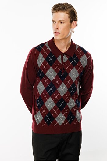 Desen Triko Men's Polo Neck Diamond Patterned Wool Sweater Claret Red