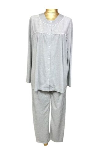 NENA COLLECTION Front Open Collarless Long Sleeve Pajamas -24078-grey