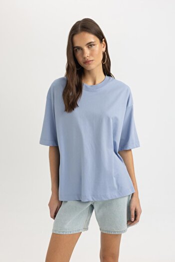 DeFacto Tricou de bază cu mânecă scurtă din bumbac pieptănat, cu decolteu supradimensionat, C0099ax24sm