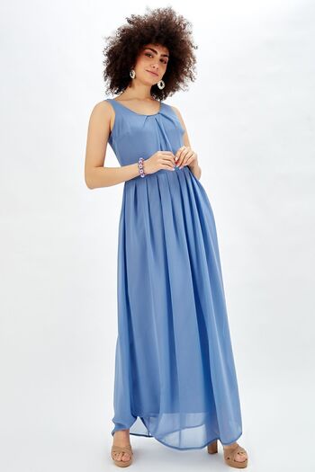 Sense Lined Pleated Chiffon Long Dress Dark Blue