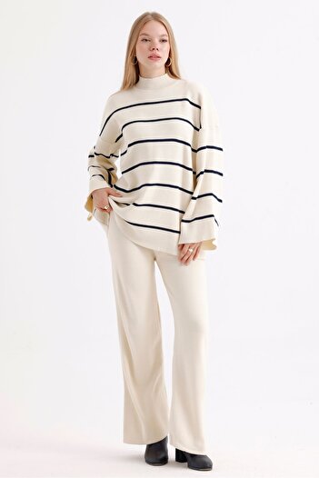 MD trend Women's Spanish Sleeve Knitwear Sweater and Trousers Set - Stand Collar
