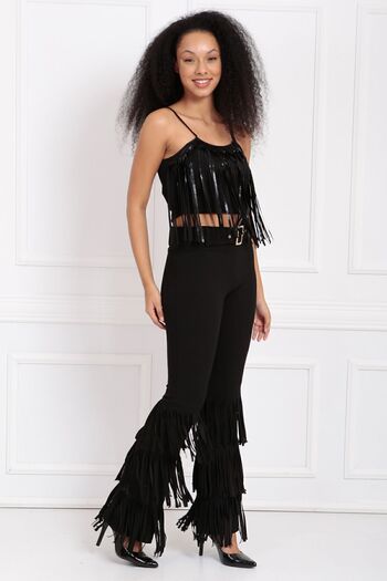 Sense Scuba Crepe Trousers with Belted Legs and Tassels| Pnt33396 Black