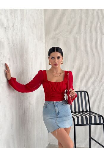 QUTTA Red Sandy Fabric Crop blúz - szögletes nyakú és sifon ujjú