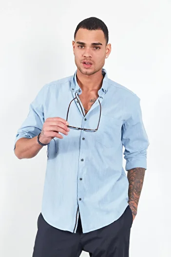 Manche Linen Effect Aqua Single Pocket Shirt - Mj22s121537