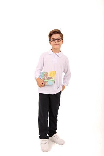 Perendi Boy's Polo Collar White Long Sleeve Sweatshirt