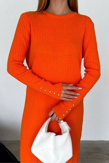 FEMELLE Orange Stone Embroidered Comfortable Size Knitwear Women's Dress
