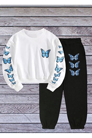 LePold White and Black Butterfly Printed Oversize Girl's Sweatsihrt Tracksuit Set - 3 Thread Crew Neck
