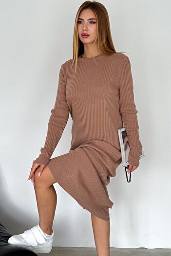 FEMELLE Brown Stone Embroidered Comfortable Size Knitwear Dress - Women
