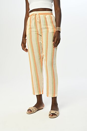 Orfeo Negro Comfortable Women's Cotton Trousers - Elastic Waist and Striped