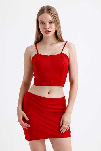 Sense Red Satin Mini Skirt - Elastic Waist |   Etk35774