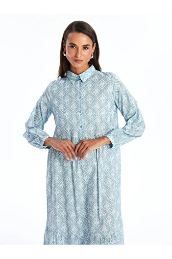 LC Waikiki LCW Modest Gömlek Yaka Çiçekli Uzun Kollu Kadın Elbise