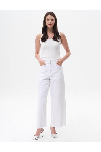 Kayra Optical White Denim Trousers - Tasseled Leg
