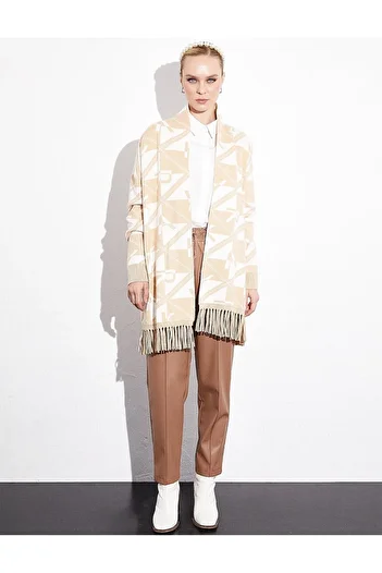 Kayra Exclusive Tasseled Monogram Design Knitwear Cardigan Camel Optic White