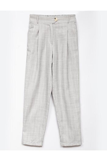 Kayra Elastic Waist Pleated Plaid Trousers Gray