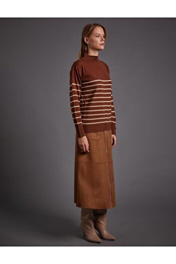Kayra Striped Turtleneck Knitwear Sweater - Red Brown Stone
