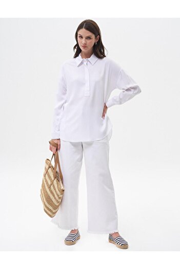 Kayra Optical White Viscose Shirt - Half Placket