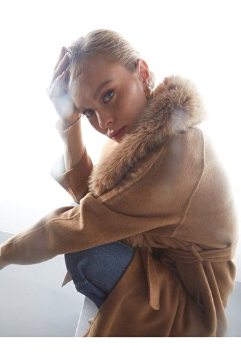 Kayra Premium Alpaca Wool Fish Back Patterned Coat Camel