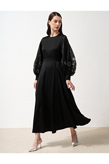 Kayra Black Satin Dress - Embroidered Sleeves