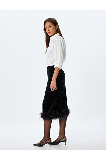 Koton Samt Slim Fit Abendkleid Rock - Feder Detaillierte Midi