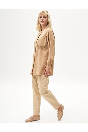 Kayra Beige Colored Bead Embroidered Judge Collar Tunic