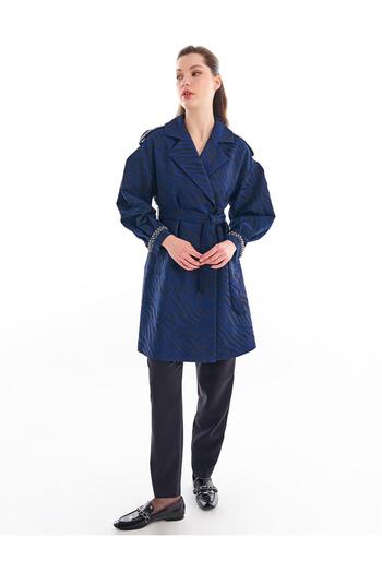 Kayra Navy Blue Trench Coat - Animal Print Pattern and Stone Embroidery