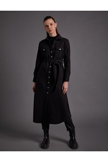 Kayra Buttoned Belted Long Stamped Tunic Black