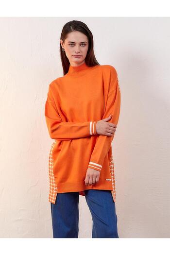 Kayra Houndstooth Patterned Knitwear Tunic Orange