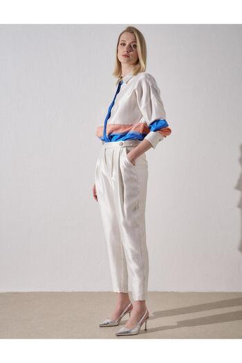 Kayra Optical White Jacquard Carrot Trousers - Button Detailed