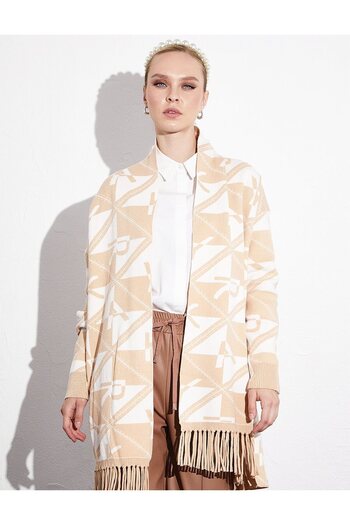 Kayra Exclusive Tasseled Monogram Design Knitwear Cardigan Camel Optic White