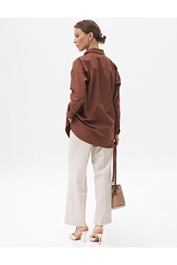 Kayra Dark Brown Colored Basic Poplin Shirt Collar Tunic