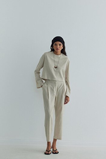 Suud Collection Linen Crop Blouse - Natural Mussel Design