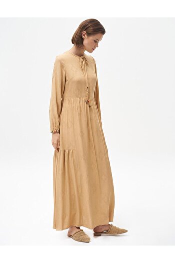 Kayra Beige Half Placket Tassel Dress