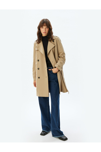 Koton Double Breasted Trench Coat with Buttons, Pockets and Belt Detail