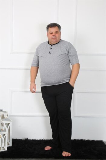 Akbeniz Large Size Men's Gray Combed Cotton Pajama Set 65010