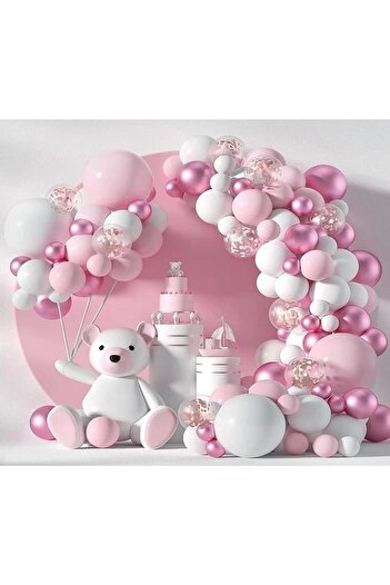 parti uzmanı 65 Pieces Luxury Macaron Pink, Chrome Pink, White Balloon Chain Birthday Balloon Set