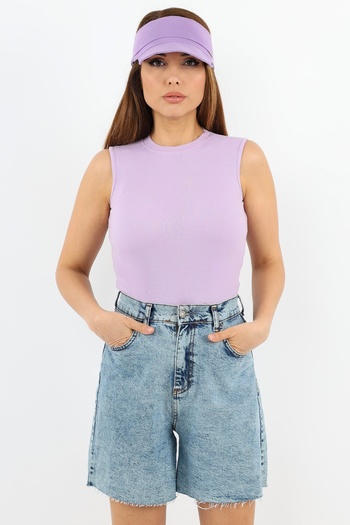 Ritnice Women's Closed Collar Cotton Lilac Straight Sleeve Corded Tank Top