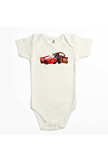 CrowsGate Lightning Mcqueen and Tow Mater Cars Ecru Color Baby Bodysuit