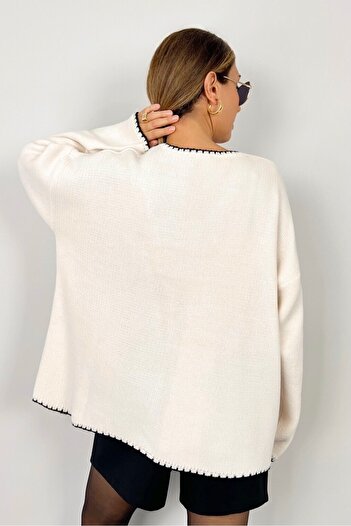 Ritnice Women's Rio Wide Cut Ecru Edges Embroidered V-Neck Knitwear Sweater